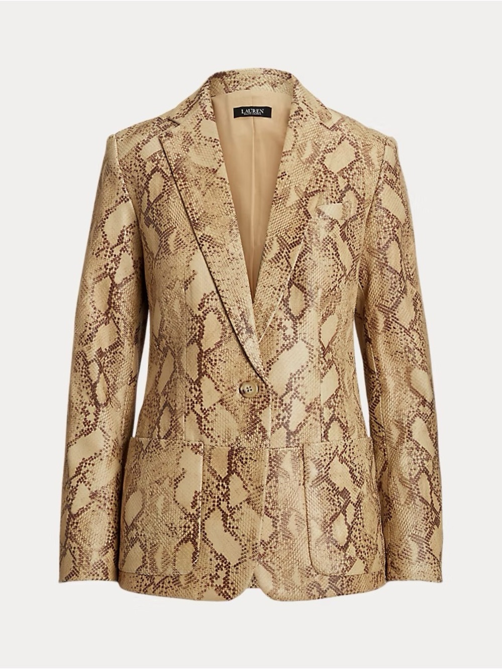Authentic Lauren Ralph Lauren Python-Embossed Leather Neutral Snake-Print Blazer